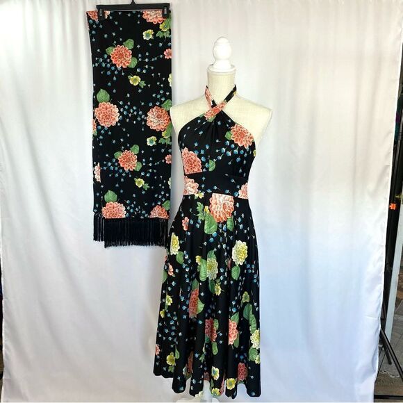 Rare Vintage Designer Lillie Rubin Floral Halter Midi Dress Women’s XS-S Retro - Picture 2 of 14